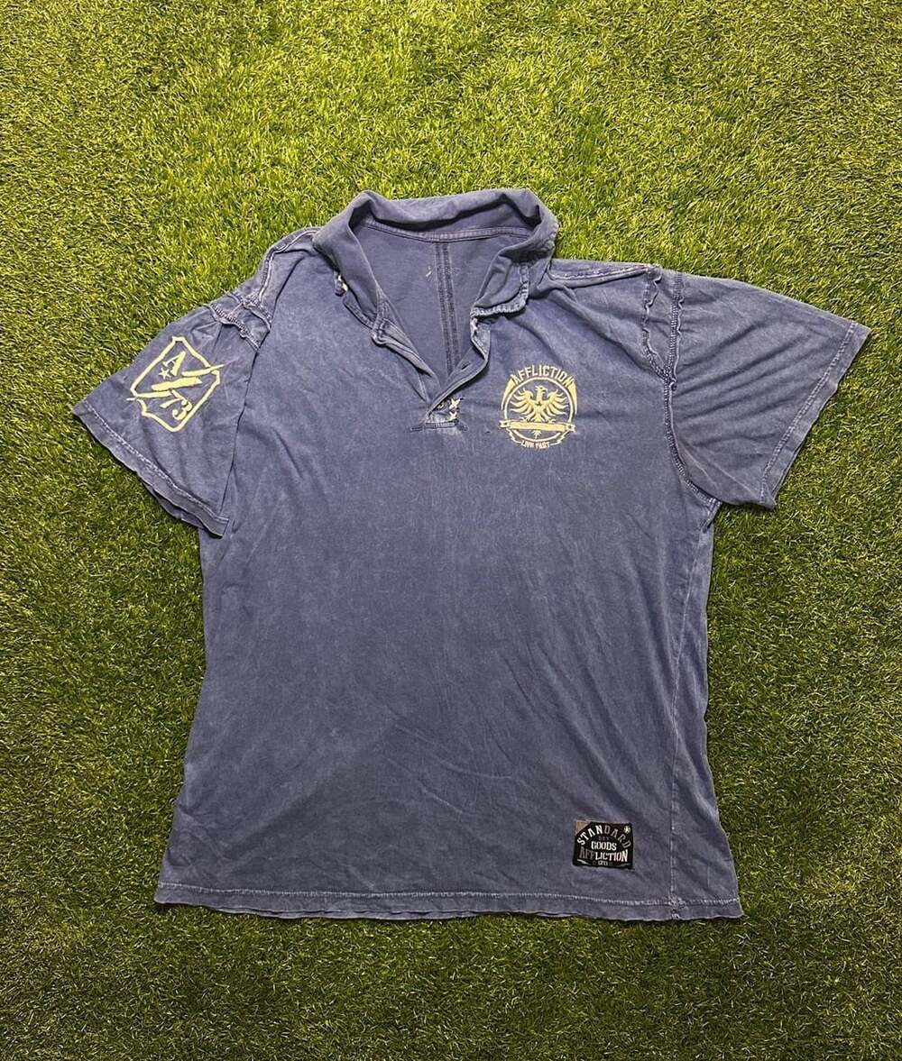 Y2K 2000s Affliction Polo Shirt Blue Graphic Short Sleeve